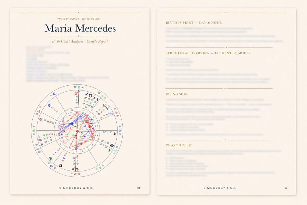 Sample first page of a Simgology Natal Blueprint Written Analysis with birth chart details and natal chart wheel.