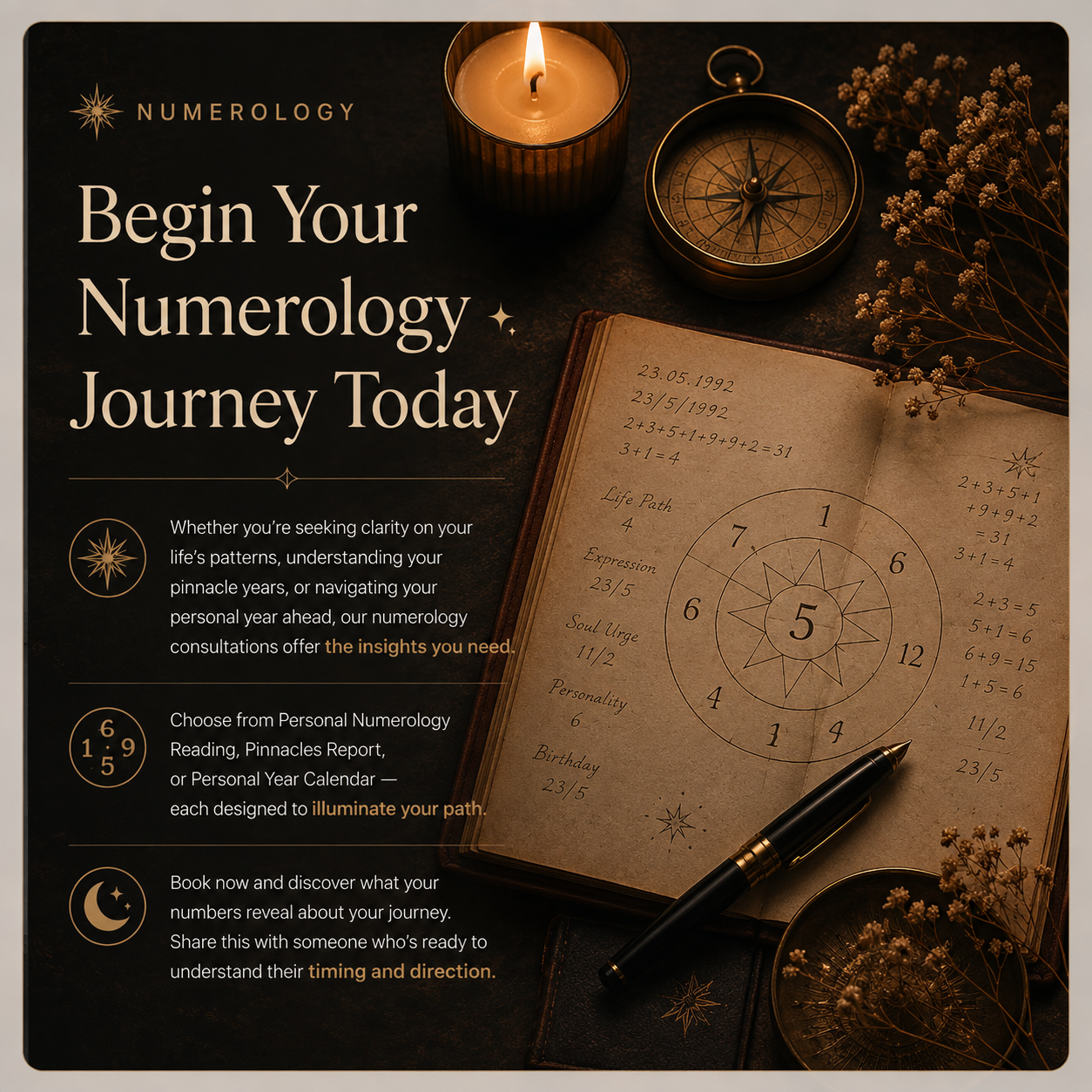 Explore Simgology numerology readings for personal numbers, Pinnacles life cycles, and Personal Year timing.
