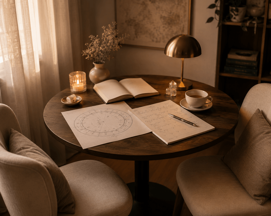 Cozy astrology consultation setting with a natal chart, timing notes, tea and warm ambient light for a live birth chart and forecast session.
