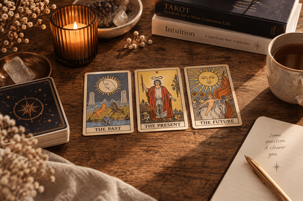 Three-card tarot spread showing past, present and future positions for a personalised Simgology tarot reading.