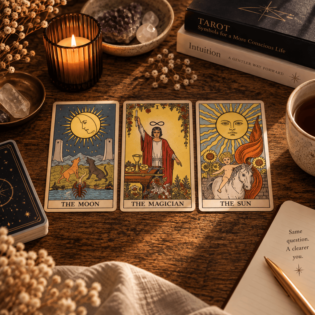Thumbnail for the Past, Present & Future three-card tarot spread featuring The Moon, The Magician and The Sun.