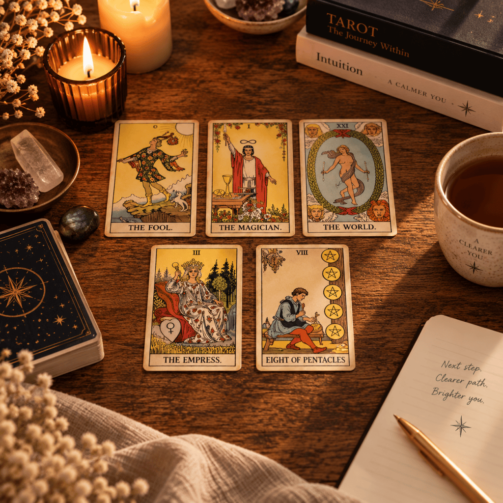 Thumbnail for the five-card Next Step Guidance tarot spread featuring The Fool, The Magician, The World, The Empress and Eight of Pentacles.