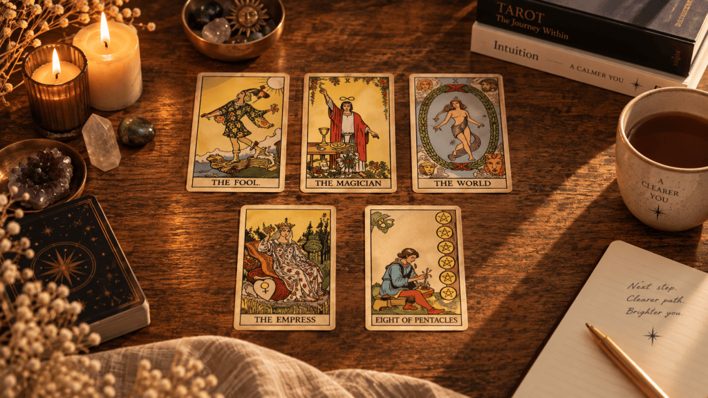 Five-card Next Step Guidance tarot spread with The Fool, The Magician, The World, The Empress and Eight of Pentacles.