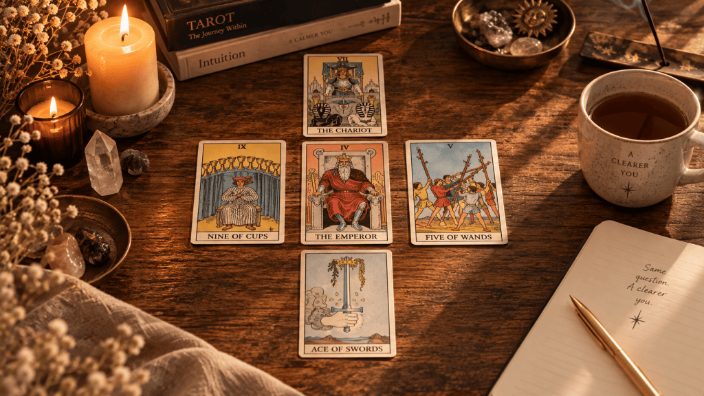 Five-card Situational Clarity tarot spread with The Chariot, Nine of Cups, The Emperor, Five of Wands and Ace of Swords.