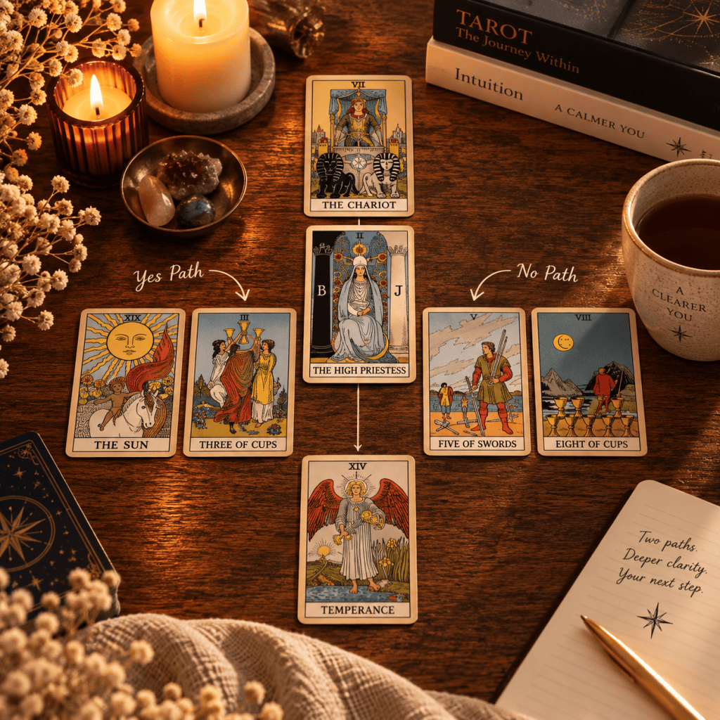 Thumbnail for the seven-card Decision-Making tarot spread showing Yes and No paths, your current position and the final key insight.