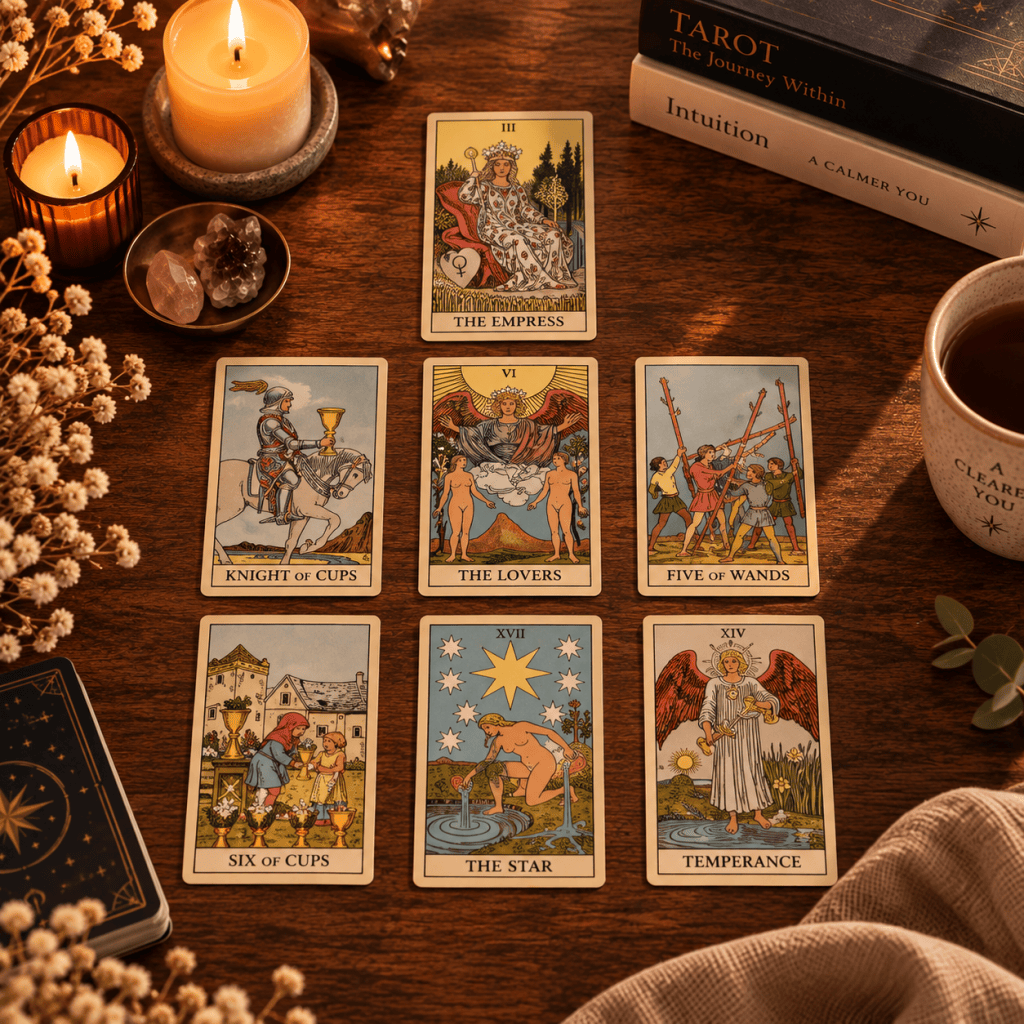 Thumbnail for the seven-card Relationship Analysis tarot spread featuring The Empress, Knight of Cups, The Lovers, Five of Wands, Six of Cups, The Star and Temperance.