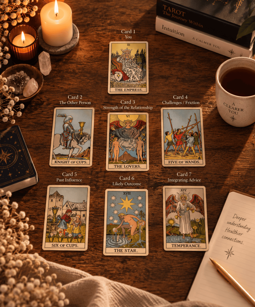 Seven-card Relationship Analysis tarot spread exploring you, the other person, the bond, friction, past influence, likely direction and integrating advice.
