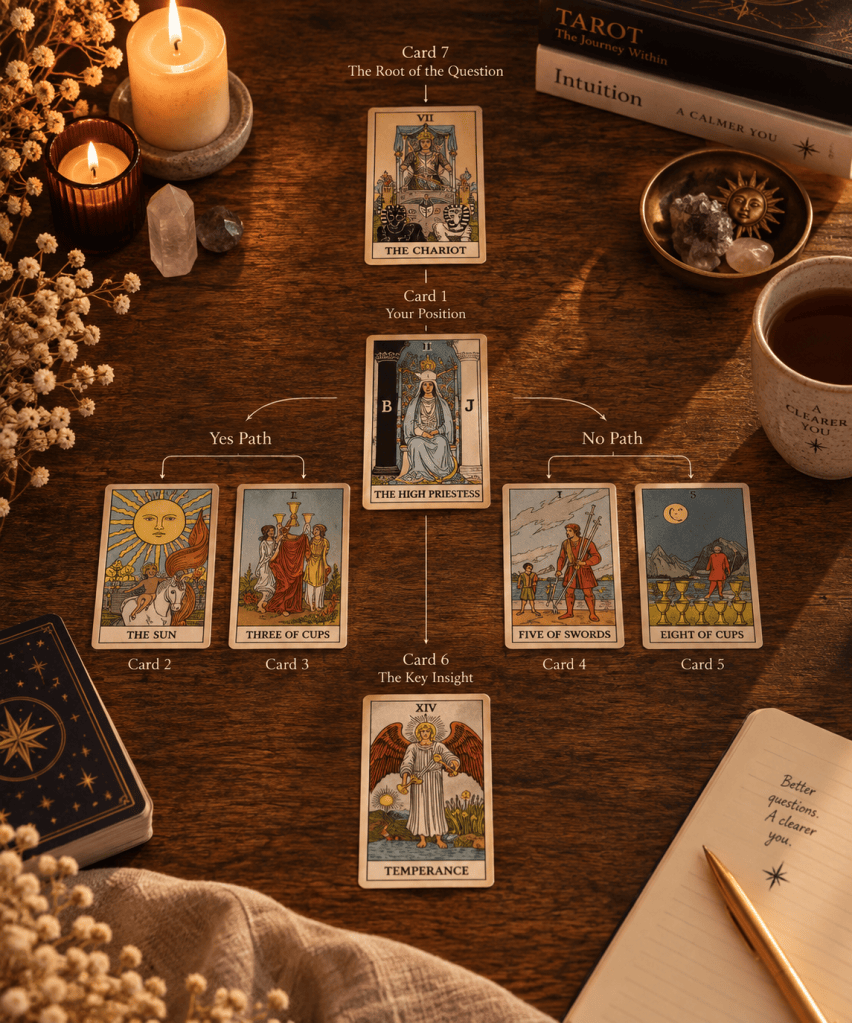 Seven-card Decision-Making tarot spread showing Yes and No paths, your current position, the root of the question and a final key insight.