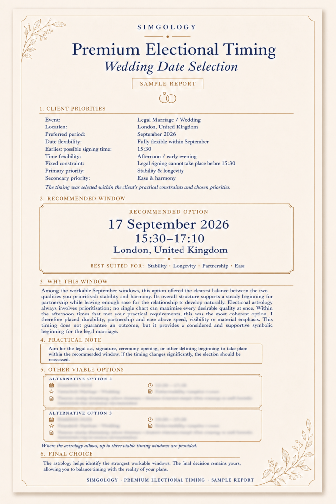 Sample Simgology electional astrology report showing a personalised wedding date recommendation, timing window and alternative options.