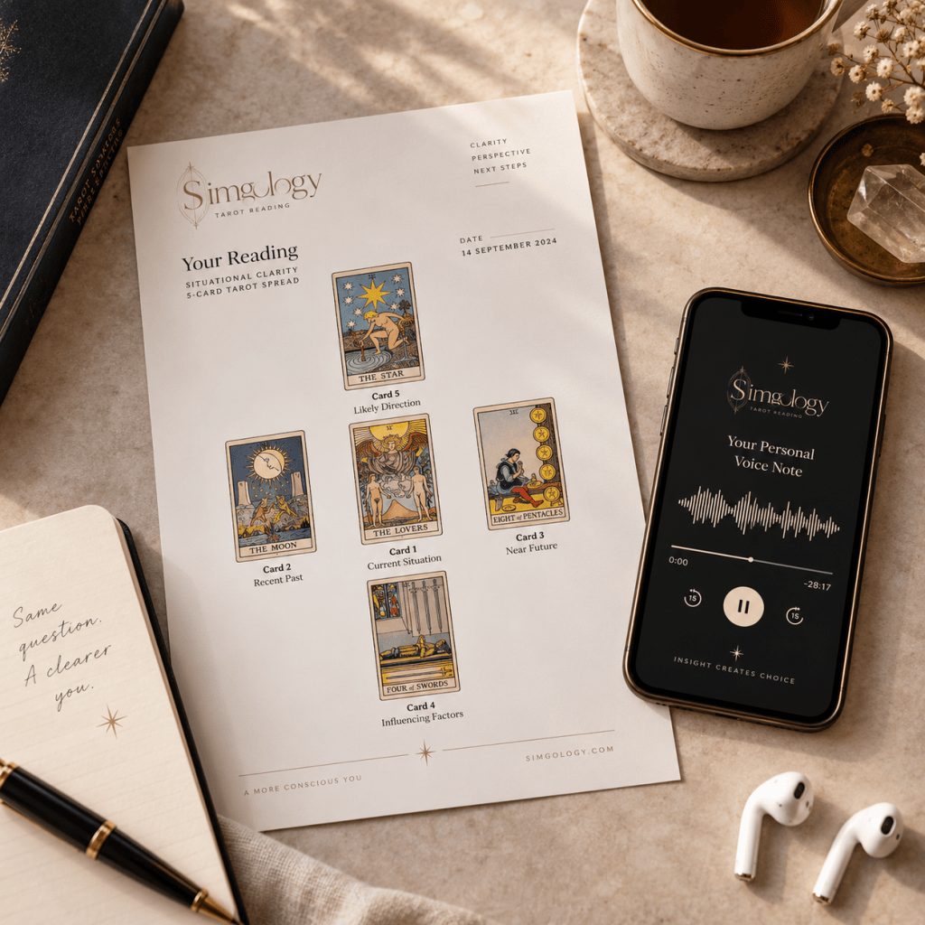 Personalised Simgology tarot reading with a one-page card spread PDF and private voice-note interpretation.