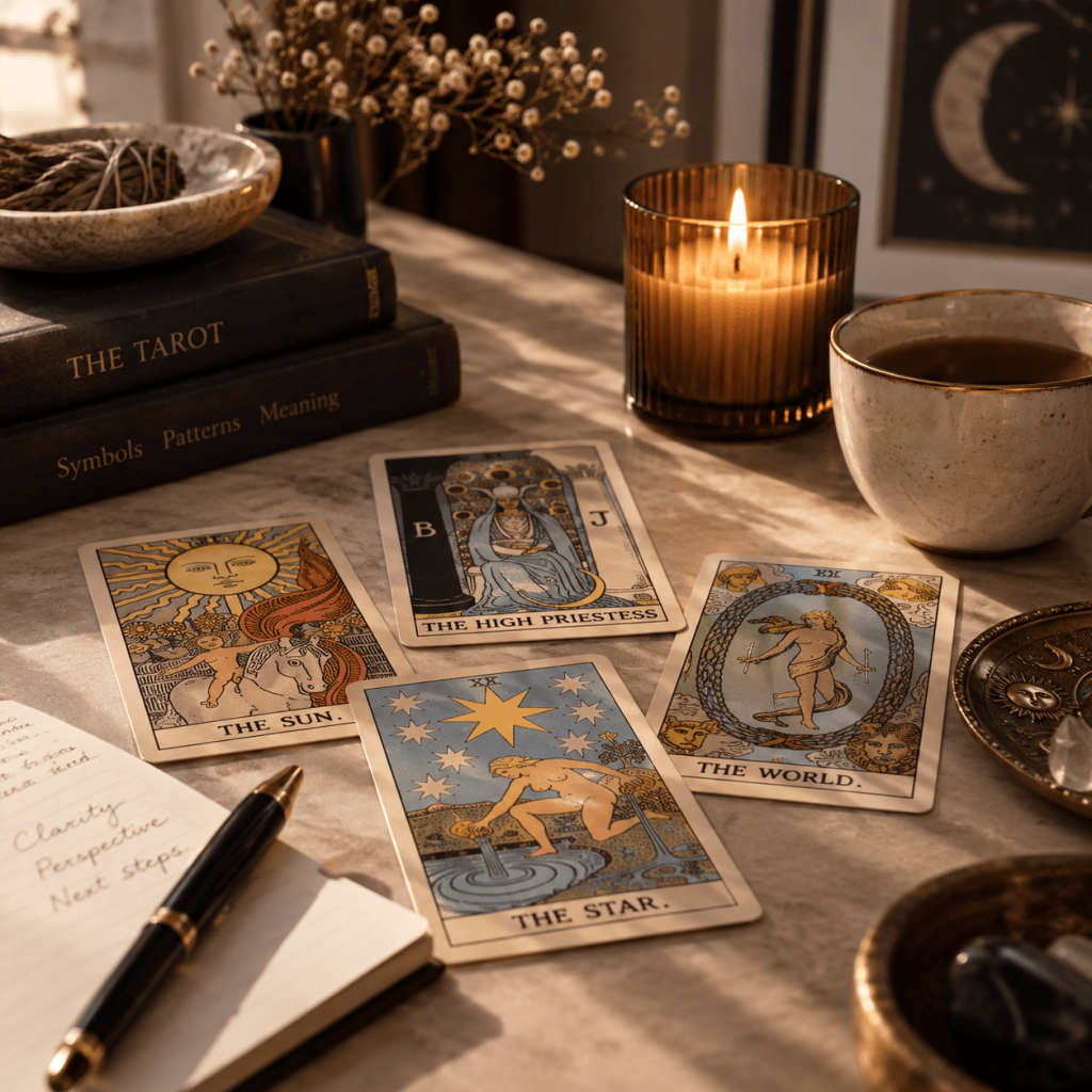 Editorial tarot reading setting with Rider-Waite cards, candle, journal and tea, representing Simgology’s personalised tarot readings.