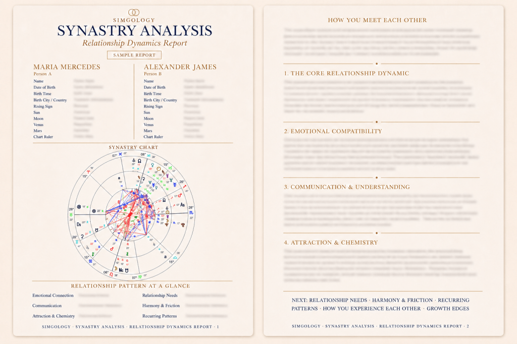 Sample pages from a personalised Simgology synastry analysis showing two client profiles, a synastry chart and relationship dynamics sections.