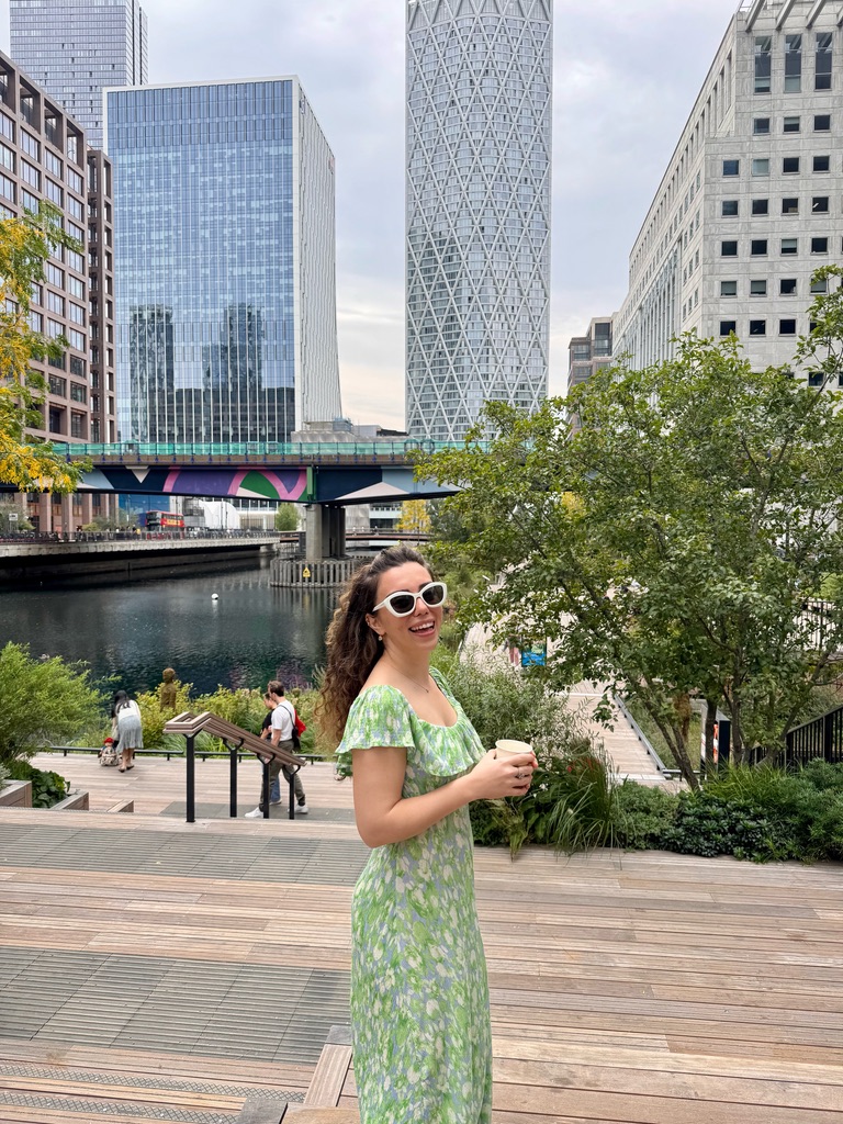 Simge beside the waterfront in Canary Wharf, London