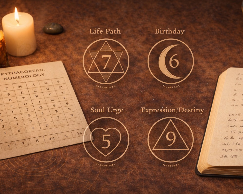 Visual overview of core numerology numbers including Life Path, Soul Urge (Heart’s Desire), Expression/Destiny, and Birthday Number, illustrated with symbolic diagrams and numerology tools.