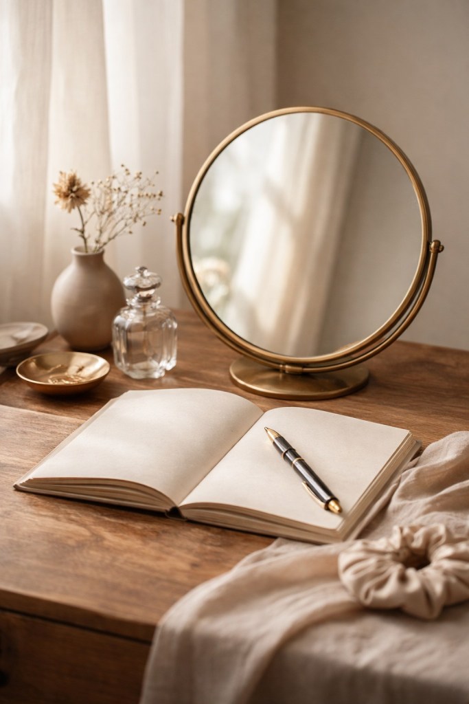 Open notebook and pen beside a tabletop mirror, illustrating the Natal Chart Written Blueprint.