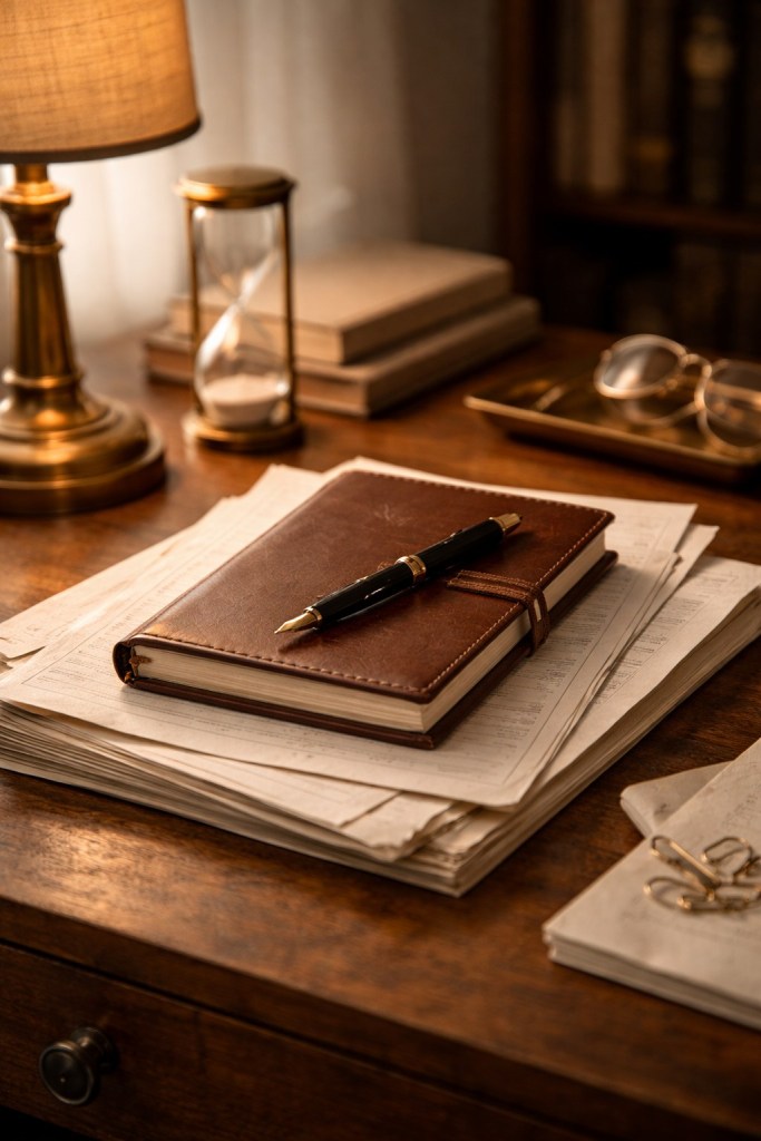 Notebook and fountain pen on a wooden desk, illustrating the Big Three Mini Story reading.