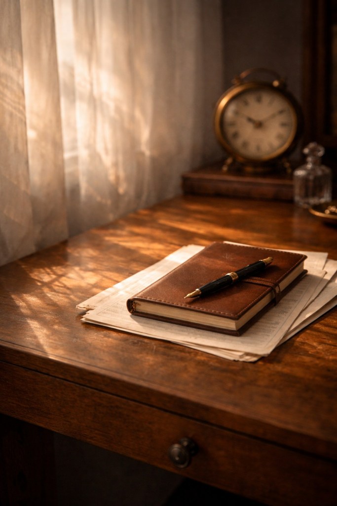 Notebook and pen in warm window light, illustrating the Solar Return Written Analysis.