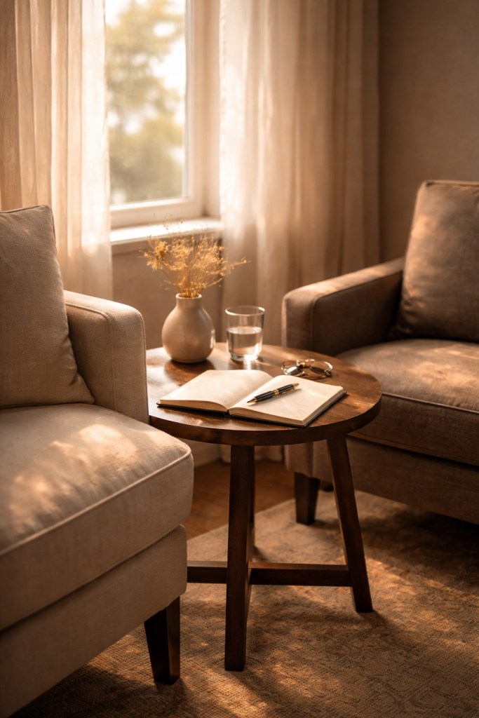 Two armchairs and a small table beside a bright window, illustrating a live natal chart consultation.