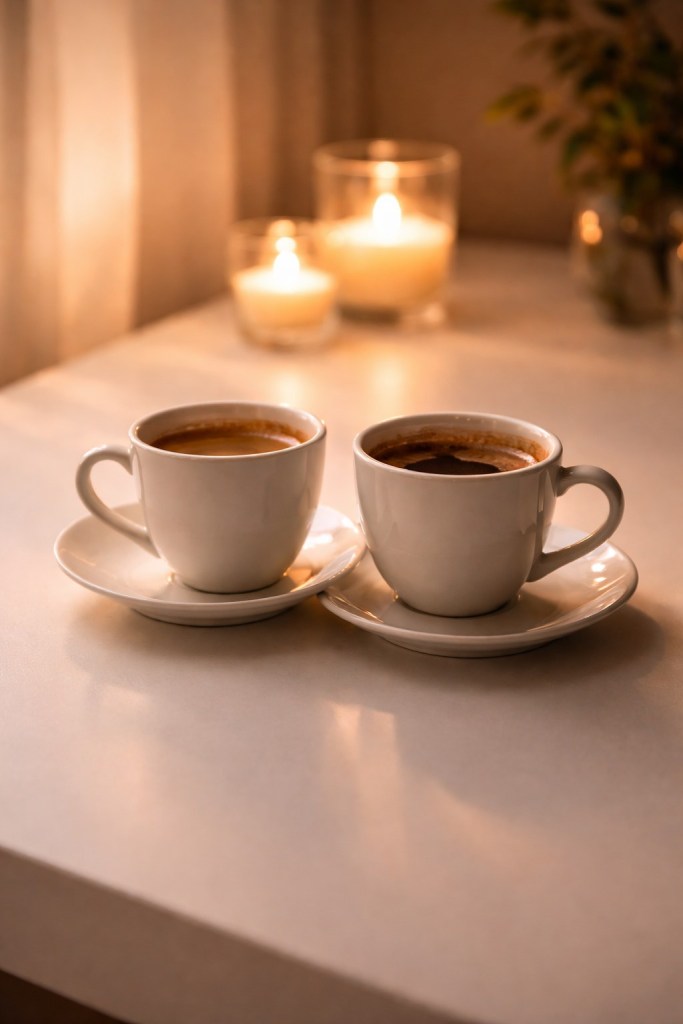Two white coffee cups on a sunlit table, illustrating the written synastry relationship reading.
