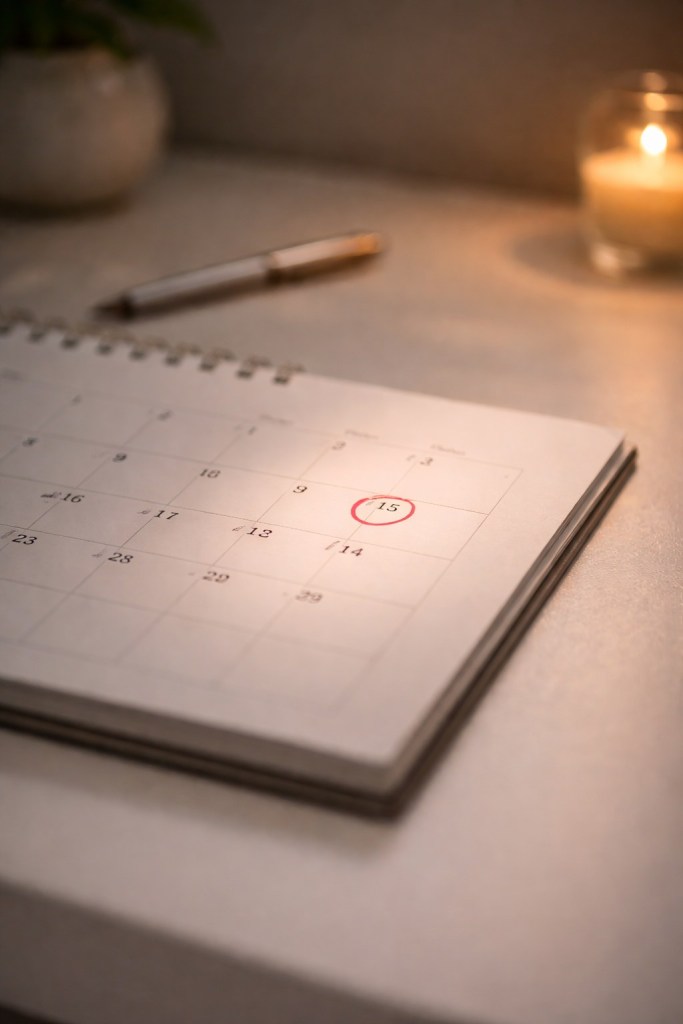 A date circled on a calendar beside a pen, illustrating Premium Electional Timing.