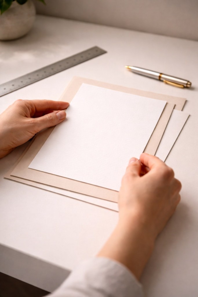 Hands arranging papers beside a ruler and pen, illustrating birth-time rectification.