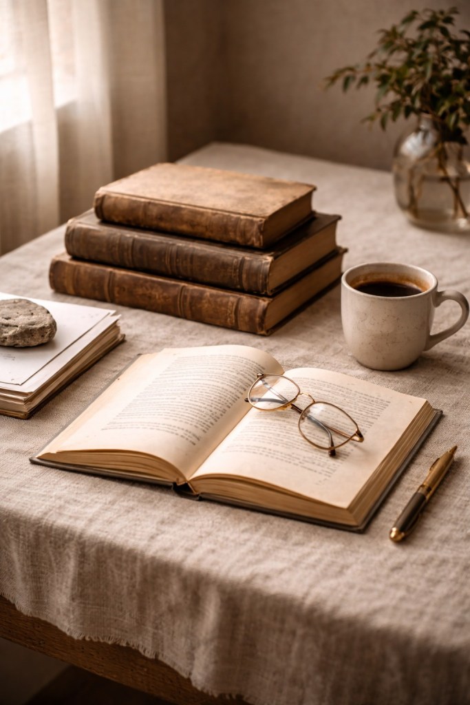Open book and glasses beside stacked books and a coffee cup, illustrating Vedic astrology analysis.